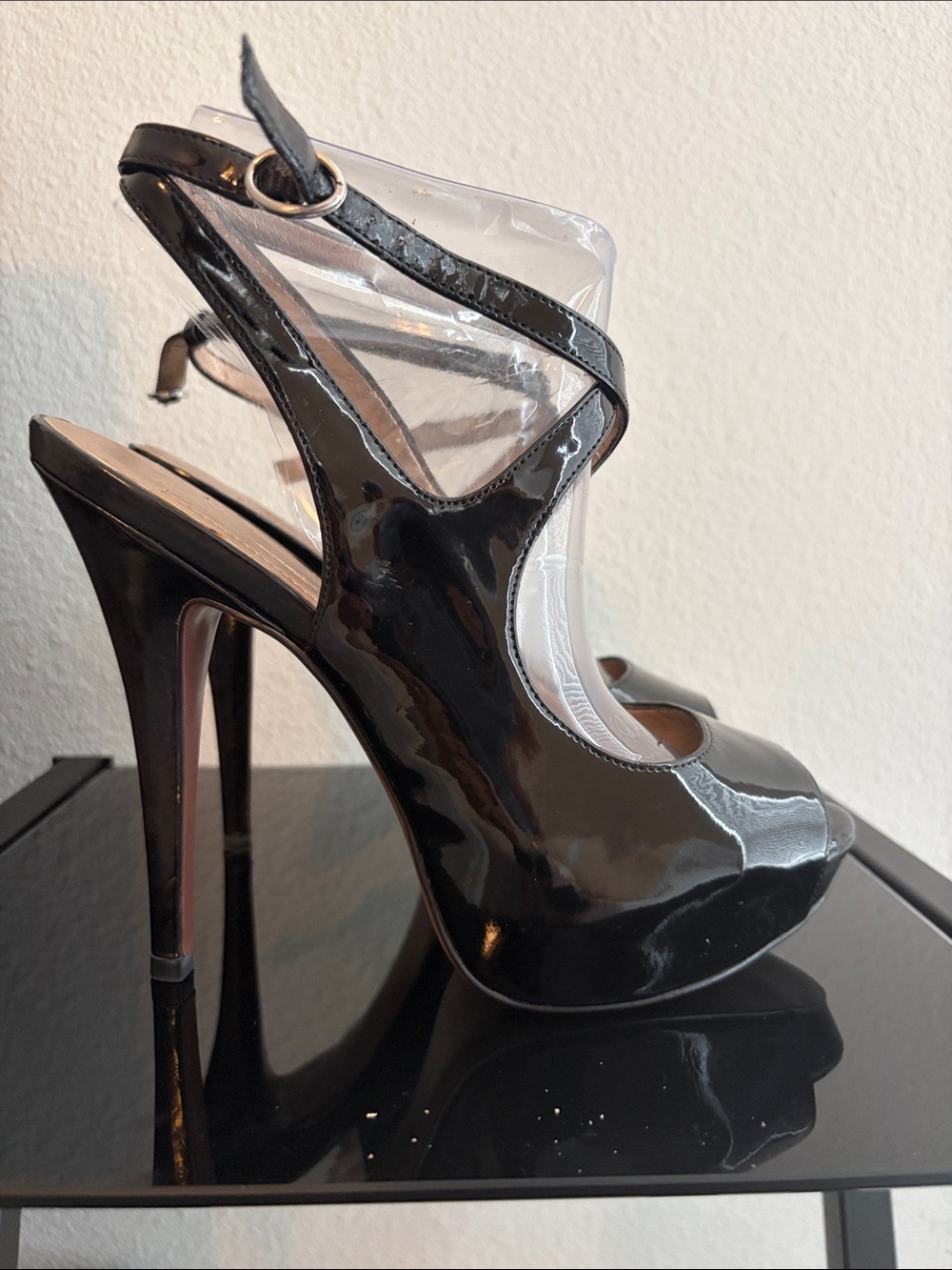 BCBG Black Patent Peep-Toe High Heel Slingback